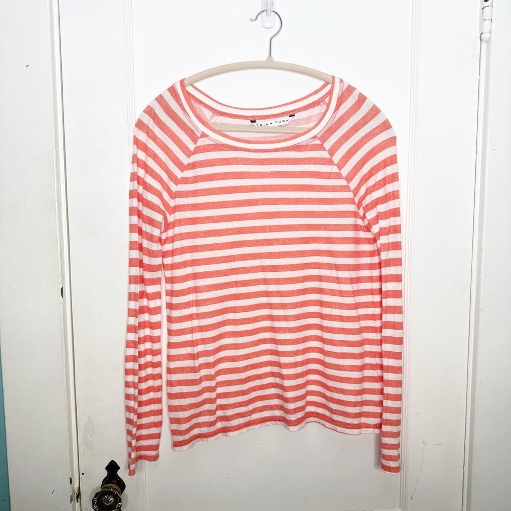 Trina Turk Crewneck Striped Long Sleeve Burnout Shirt Top Layering Classic Small